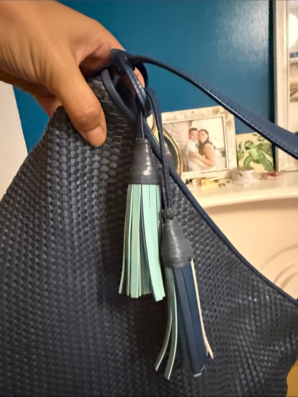 Tory Burch Navy Woven Hobo Shoulder Bag with Tassel - Picture 2 of 8